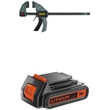 Stanley Einhandzwinge (Größe L, 135 kg Spannkraft, 300 mm Spannweite, 495 mm Länge, 175-480 mm Spreizweite) + Black+Decker Li-Ion Slidepack Akku (18V 2,0Ah)