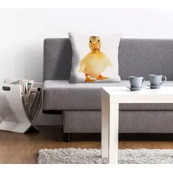 Dekokissen QUEENCE "Manuel", gelb (gelb, bedruckt), B:40cm L:40cm, Polyester, Dekokissen_Sitzkissen_Kissenhüllen, Kissenhülle,Ente,Tiermotiv,Niedlich,Haustier,Verspielt,Zart