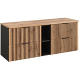 Lomadox Waschbeckenunterschrank 140 cm mit Regal anthrazit mit Eiche Nb. schwarz gerillt, b/h/t: ca. 140,6/59,2/46,5 cm