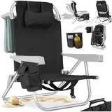 tectake® Strandstuhl, klappbar, mit Rucksackfunktion, 5-fach verstellbare Rückenlehne mit Kopfpolster, rückseitige Kühltasche und Aufbewahrungstasche
