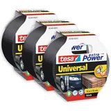 Tesa extra Power Universal Gewebeband im 3er Pack - Gewebeverstärktes Ductape zum Reparieren, Befestigen, Bündeln, Verstärken oder Abdichten - Schwarz - 3 Rollen je 10 m