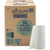 oecolife Küchentücher RECYCLING, 32 Rollen á 100 Blatt, Kurzblatt, Küchenrollen Großpackung, plastikfrei, nachhaltig, Haushaltsrollen, Allzwecktücher, Papiertücher, Papierhandtücher, Küchenpapier