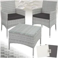 tectake® Poly Rattan Möbel Gartenset mit Wechselbezügen, 2 Stühle und Tisch mit Glasplatte, 2X Outdoor Lounge Sessel mit Armlehne und Gartentisch, Gartenmöbel Set, Balkonmöbel - hellgrau