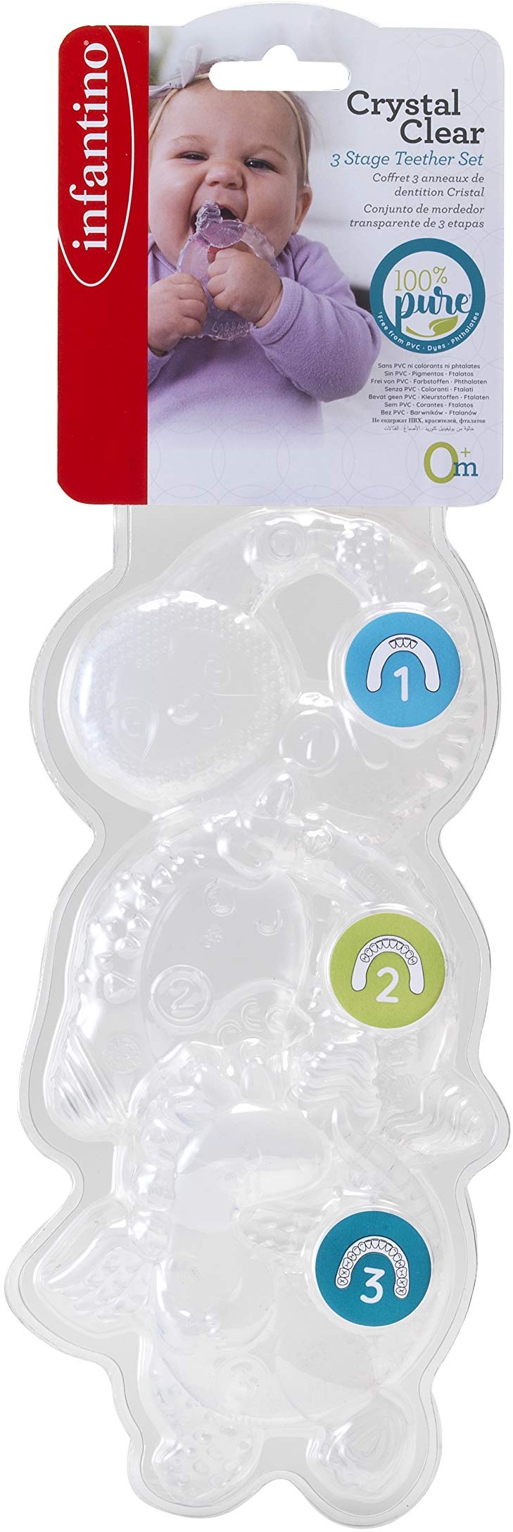 INFANTINO White Crystal Clear 3 Stage Teether Set - 3 Soft-Textured teethers for Sensory Exploration and Teething Relief, Silicone Free from BPA, PVC, Dyes and phthalates