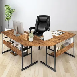 Costway L-förmiger Schreibtisch, Eckschreibtisch aus Holz mit neigbarer Tischplatte, unterem Bücherregal & CPU-Ständer, Zeichentisch Computertis... - Braun