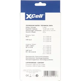 XCell Powerbank X10000PD mit 10.000mAh Kapazität, USB-C PD3.0, Quick-Charge, LED-Display, 2x USB-Ausgang 1x USB-C-Ausgang