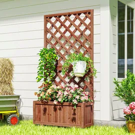 Outsunny Hochbeet Pflanzkasten mit Rankgitter 72,5 x 31,5 cm Tannenholz Beige