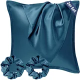 Seiwohl 2er Set Kissenbezug Seide 80x80 Indigoblau, Satin Kissenbezug Silk Pillowcase Seiden Kopfkissenbezug Kissenhülle für Haar und Haut, Haarschonender Kissenbezug mit 2 Seide Haargummi