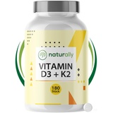 naturally Vitamin D3 K2 Tabletten - [180 Stück] Vitamin D3 K2 hochdosiert, 5000 I.E. Vitamin D pro Tablette, ohne Zusätze, vegan, laborgeprüft