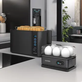 Arendo - Set Toaster FRUKOST mit Eierkocher SIXCOOK Edelstahl Schwarz, Toaster 4 Scheiben, LED-Display, 6 Bräunungsgrade, Brötchenhalter - Eierkocher