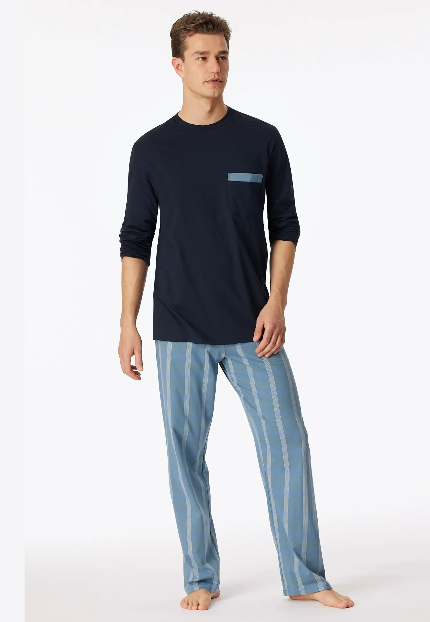 Pyjama SCHIESSER ""Comfort Nightwear"" Gr. 64 (6XL), blau (admiral) Kinder Homewear-Sets Pyjamas Langarmshirt mit V-Ausschnitt und aufgesetzter Brusttasche