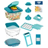 Nicer Dicer Chef Professional Gemüseschneider Gemüsehobel manuell 18-tlg, 5.2L Behälter extra Glassschüssel Deckel, Spiralschneider Pommesschneider Küchenhelfer mit Rezept