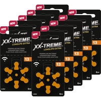 XX-Treme Longlife Extra Hörgerätebatterien Typ 13-60 Stück Hörgeräte Batterien konzipiert für höchste Leistung - Pack mit 10 Blistern à 6 Hörgerätebatterien – PR48 Farbcode orange 1,45 Volt