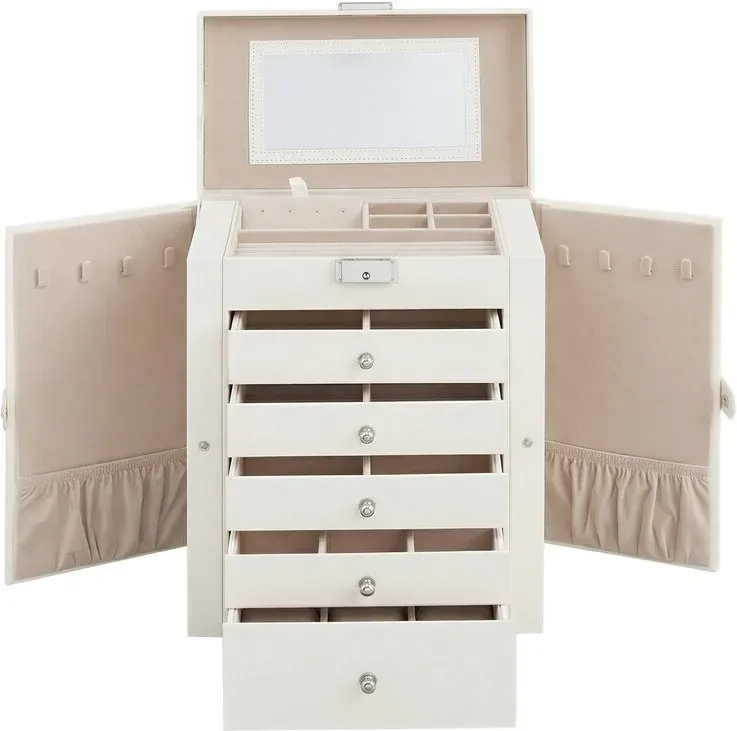 JOYFURNOS Schmuckkasten mit 6 Ebenen, Schmuckbox mit 5 Schubladen, große Stauraumkapazität, mit Spiegel, abschließbar, Schmuckaufbewahrung, Geschenk für Ihre Liebsten, für Uhren, Wolkenweiß