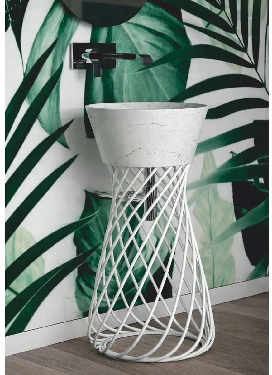 Casa Padrino Luxus Keramik Waschbecken mit Metallständer Weiß H. 85 cm - Made in Italy