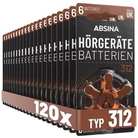 ABSINA 120x Hörgerätebatterien 312 - Batterien für Hörgeräte Typ PR41 ZL3 Knopfzelle, (20 St)