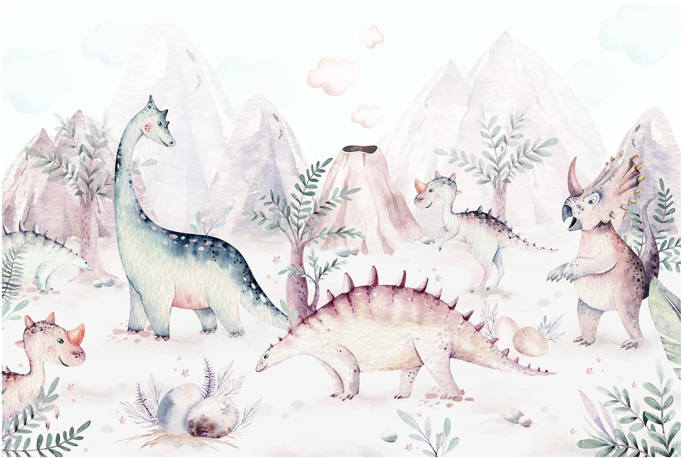 Bilderwelten Fototapete Kinderzimmer Aquarell Dinowelt 190 x 288 cm Vlies-Tapete XXL Smart Wandtapete Wanddekoration Kindertapete