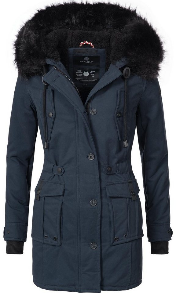 Navahoo Wintermantel Luluna edler Baumwoll Parka mit Fellimitat blau S (36)