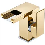 LED-Wasserfall-Waschtischarmatur, Badezimmer-Wasserhahn (Goldfarbe), modernes, elegantes Design, goldene Messing-Waschtischarmatur, heißes und kaltes