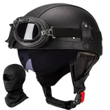 Deutscher Leder Motorrad Halbhelm für Erwachsene Männer Frauen, Vintage Halbschalen-Helm ECE Geprüft Halbschalenhelm mit Schutzbrille Visier, für Fahrrad Cruiser Scooter Chopper