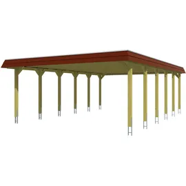 SKANHOLZ Spreewald Walmdach Doppelcarport aus Nadelholz 5,85 x 8,93 m rote Blende unbehandelt