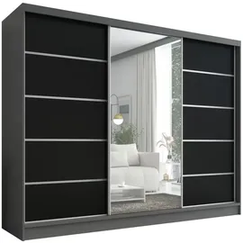 mebloland Schwebetürenschrank Aurelia 1 , 3-türig Schrank 200 cm mit Spiegel - Grau/Schwarz