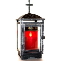 Grab-Laterne aus Metall und Glas Grablicht für Grabkerze. Friedhofs-Laterne Grablampe (Laterne mit LED Kerze Rot)