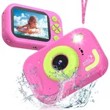wasserdichte Kamera für Kinder, 48MP 1080P Kinderkamera Digitalkamera Unterwasser Kamera Kinder mit 2,4 Zoll Bildschirm 32GB-Karte Notfall-LED-Blitz, Geschenk für 3-12 Jahre Mädchen Jungen,Rosa