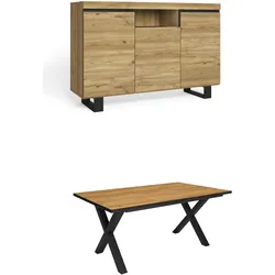 SKRAUT HOME Wohnzimmermöbel-Set, Tisch 167x90x75cm Front Schwarz Füße X 8 Essplätze, Sideboard / Anrichte 140 , Eiche und Schwarz, Industriestil - 1094_985