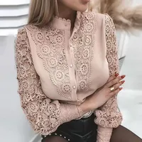 Damen Spitzenhemd, reine Farbe, modisch, Stehkragen, Knopf, langärmelig, lässig, Bluse, elegant (M, Rosa)