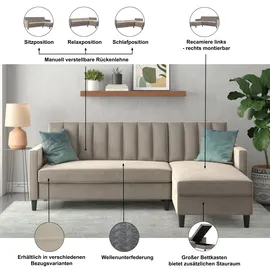 dorel home Ecksofa DOREL HOME "Celine, L-Form", grau, B:213cm H:83cm T:154cm, Veloursstoff 100% Polyester, Sofas, Ecksofa, mit Bett-Funktion und Stauraum. Recamiere beidseitig montierbar