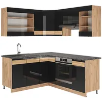 Vicco Eckküche, Fame-Line, 190 cm, Schwarz-Eiche Hochglanz/Goldkraft Eiche - Schwarz