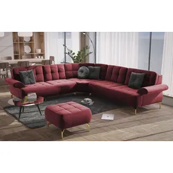 Ecksofa SIT & MORE "Orient 1 L-Form", rot, B:299cm H:88cm T:279cm, 100% Polyester, Sofas, inkl. 4 Zierkissen mit Strass-Stein, goldfarbene Metallfüße
