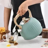 BYNYXI Pfeifender Wasserkocher Retro, 3.5L Edelstahl Teekessel Induktion Pfeifkessel Moderne Flötenkessel mit Holzmaserungsgriff Wasserkessel Induktion Gasherd Camping Pfeifkessel für Tee Kaffee