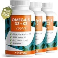Omega-3 vegan + D3 & K2 (360x), 1100mg Algenöl mit 600mg DHA & 300mg EPA + 1000 IE Vitamin D3 + 40 μg Vitamin K2 - O3 D3 K2 vegan Essentials - Omega-3 Kapseln hochdosiert, bioverfügbar & laborgeprüft