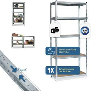 Grafner Grafner® Lagerregal 172x75x30 cm mit 5 Böden max. 375 kg Metall verzinkt Kellerregal Schwerlastregal