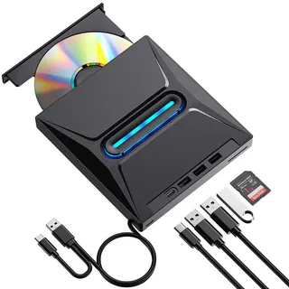 ZELURXX Externes Blu-ray DVD Laufwerk USB-C & USB 3.0, CD/DVD Brenner mit SD-Kartenleser & USB-Hub, mit Windows, Linux, macOS, Tragbar&Plug-and-Play