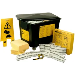 3M SK 210 Notfallbox Inhalt: 100 Tücher, 12 Kissen, 12 Minischläuche, 2 Boxen, 1 Rolle, 5 Entsorgungsbeutel, 1 Warnschild, 1 Rolle Absperrband
