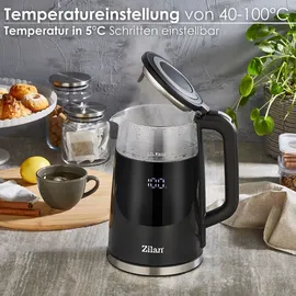 Zilan Wasserkocher Glas mit Temperatureinstellung (40°C-100°C) 1,7 Liter Teekocher Warmhaltefunktion led Display mit Temperaturwahl 2200 Watt 100...