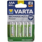 Varta Batterien AAA, wiederaufladbar, 6 Stück, Recharge Accu Power, Akku, 800 mAh Ni-Mh, ohne Memory Effekt, vorgeladen, sofort einsatzbereit