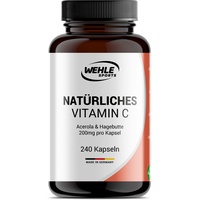 Wehle Sports Natürliches Vitamin C Hochdosiert - 240 Kapseln 4 Monatsvorrat Acerola-Extrakt Hagebutten-Extrakt 400mg Reines Vitamin C Pro Tagesdosis (2 Kapseln) Laborgeprüft