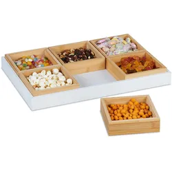 Relaxdays Snackschalen Set, mit Serviertablett, Bambus, 6 Schälchen, Chips, Nüsse & Süßigkeiten, Servierset, natur/weiß