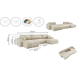 kaiser möbel Ecksofa mit schlaffunktion und bettkasten, Sofa U-form, Couch U-form MILANO stoff Quelle Ecru - Beige