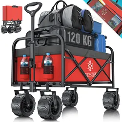 KESSER® Bollerwagen faltbar mit Breite Reifen Handwagen Transportkarre Gerätewagen   inkl. 2 Netztaschen   klappbar   Kunststoff-Reifen   bis 120 kg Tragkraft transportwagen Gartenanhänger