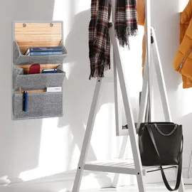 Relaxdays Wandorganizer Bambus mit 3 Jutemuster Fächer, 58 x 34 x 15 cm HxBxT Zeitungshalter für Büro und Flur, grau