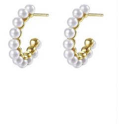 Hey Happiness Perlenohrringe Creolen Silber 925 Damen offen, 18K Vergoldet, Silber Ohrstecker Süßwasserperlen weiß rund, Brautschmuck goldfarben