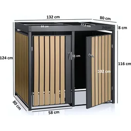 Zelsius Mülltonnenbox mit Pflanzdach für 2 Mülltonnen Anthrazit RAL 7016, Tür in Holzoptik