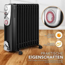 Ardes AR4R11BTE Oillo 11T Elektro-Ölradiator, 11 Heizelemente, Timer, 3 Leistungen, Turbo-Ventilation, mit Rädern, 2500 W, Schwarz und Silber