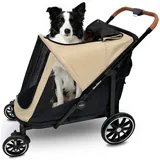 Quolliter Hundewagen Ein-Taste-Zusammenklappung Hundebuggy bis 50kg Hundewagen Große Hunde Hundebuggy für 2 Große Hunden 360° Verschleißfeste Gummiräder Netzfenstern