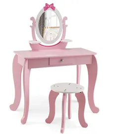Costway Schminktisch-Set für Kinder, 2-in-1 Kinder Schreibtisch aus Holz mit Hocker